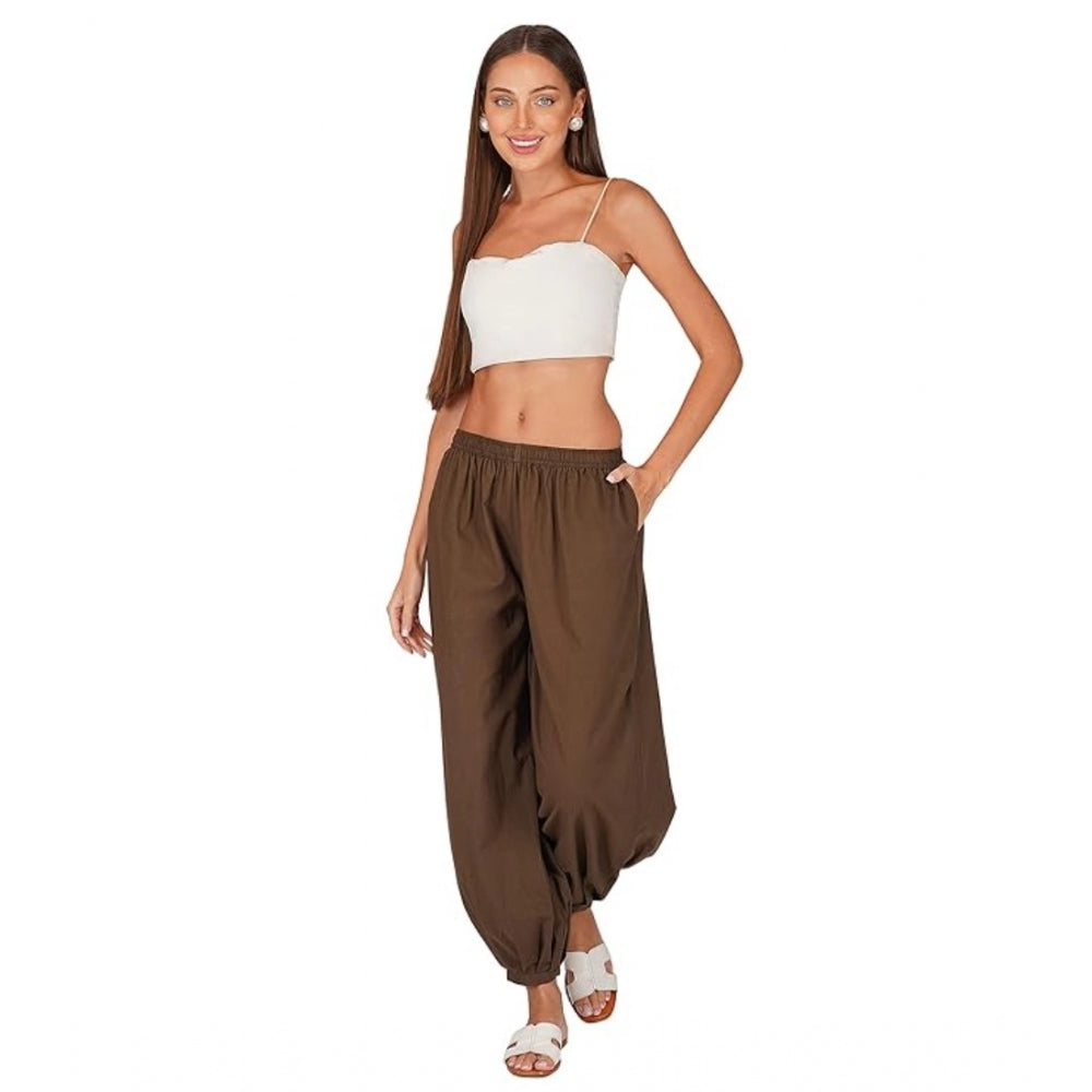 Generic Women's Casual Cotton Cambric Solid Elastic Waist Patiala Harem Pants (Brown)