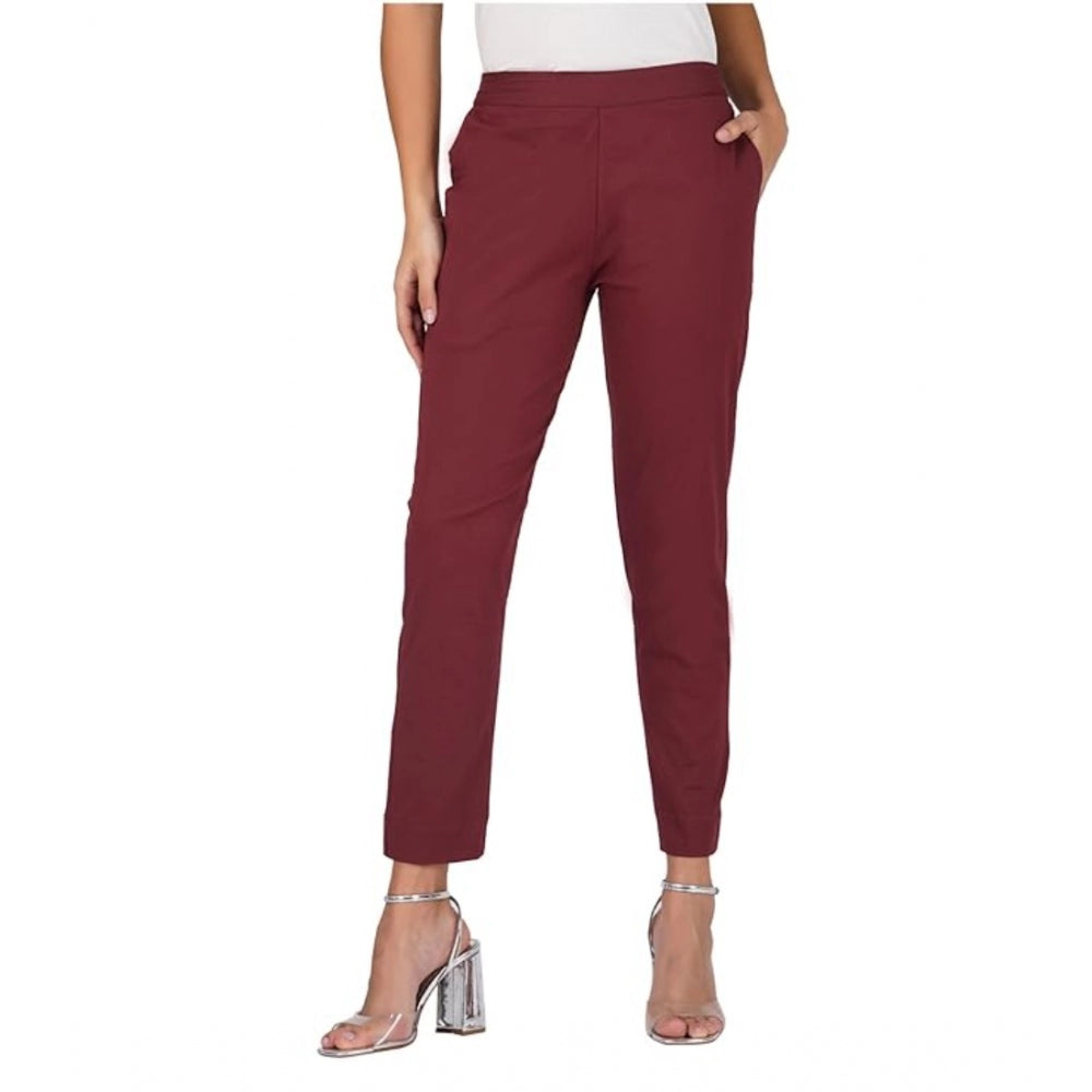 Generic Women's Casual Cotton Lycra Solid Trouser Pants (Maroon)