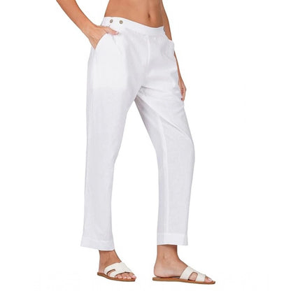 Generic Women's Casual Cotton Flax Solid Adjustable Waist Trouser Pants (White)