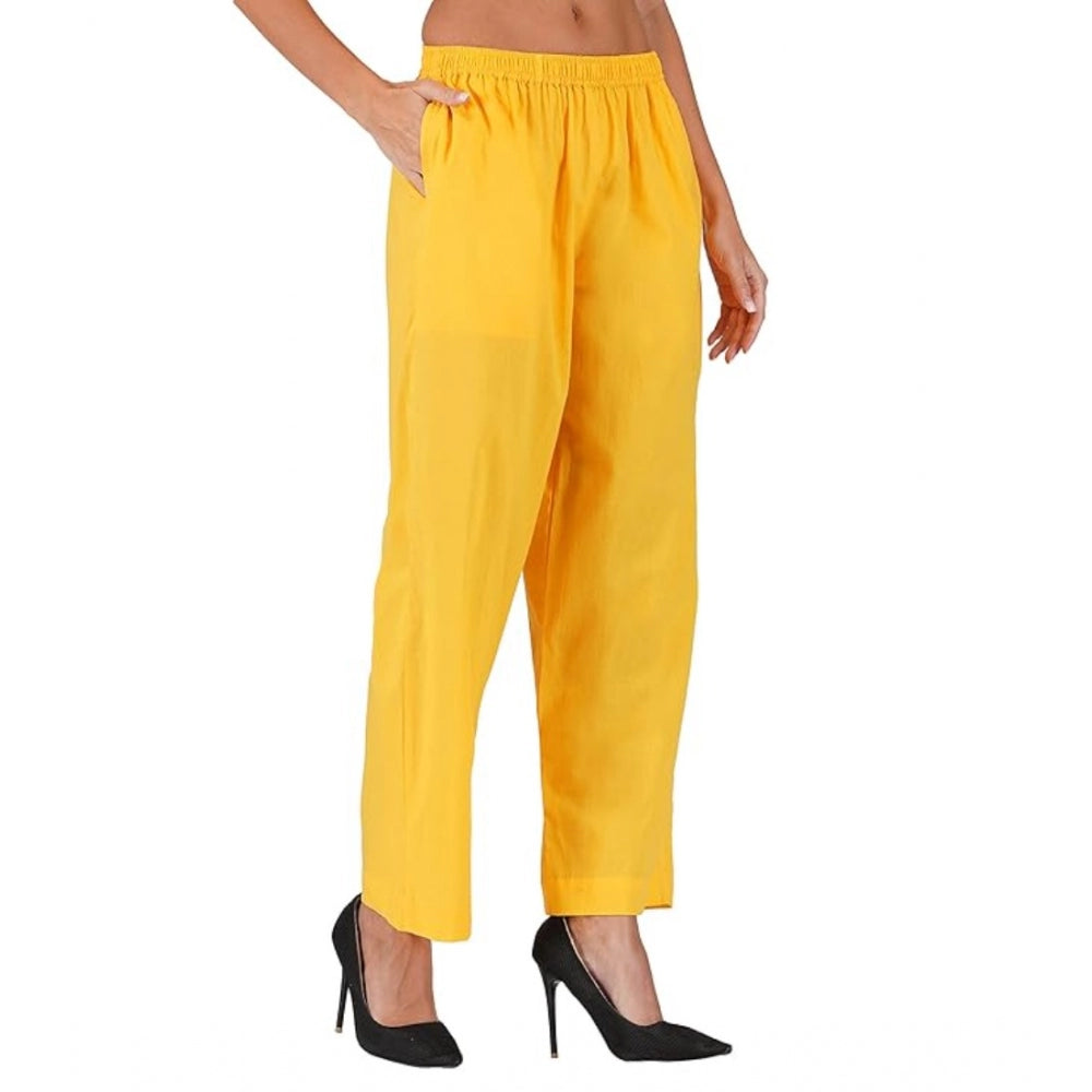 Generic Women's Casual Cotton Cambric Solid Elastic Palazzo Trousers (Yellow)