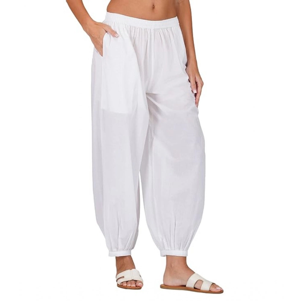 Generic Women's Casual Cotton Cambric Solid Elastic Waist Patiala Harem Pants (White)