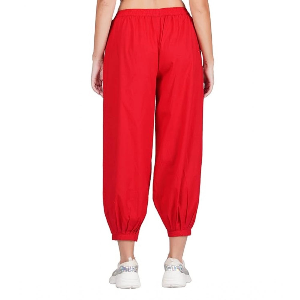 Generic Women's Casual Cotton Cambric Solid Elastic Waist Patiala Harem Pants (Red)