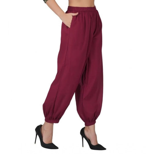 Generic Women's Casual Cotton Cambric Solid Elastic Waist Patiala Harem Pants (Maroon)