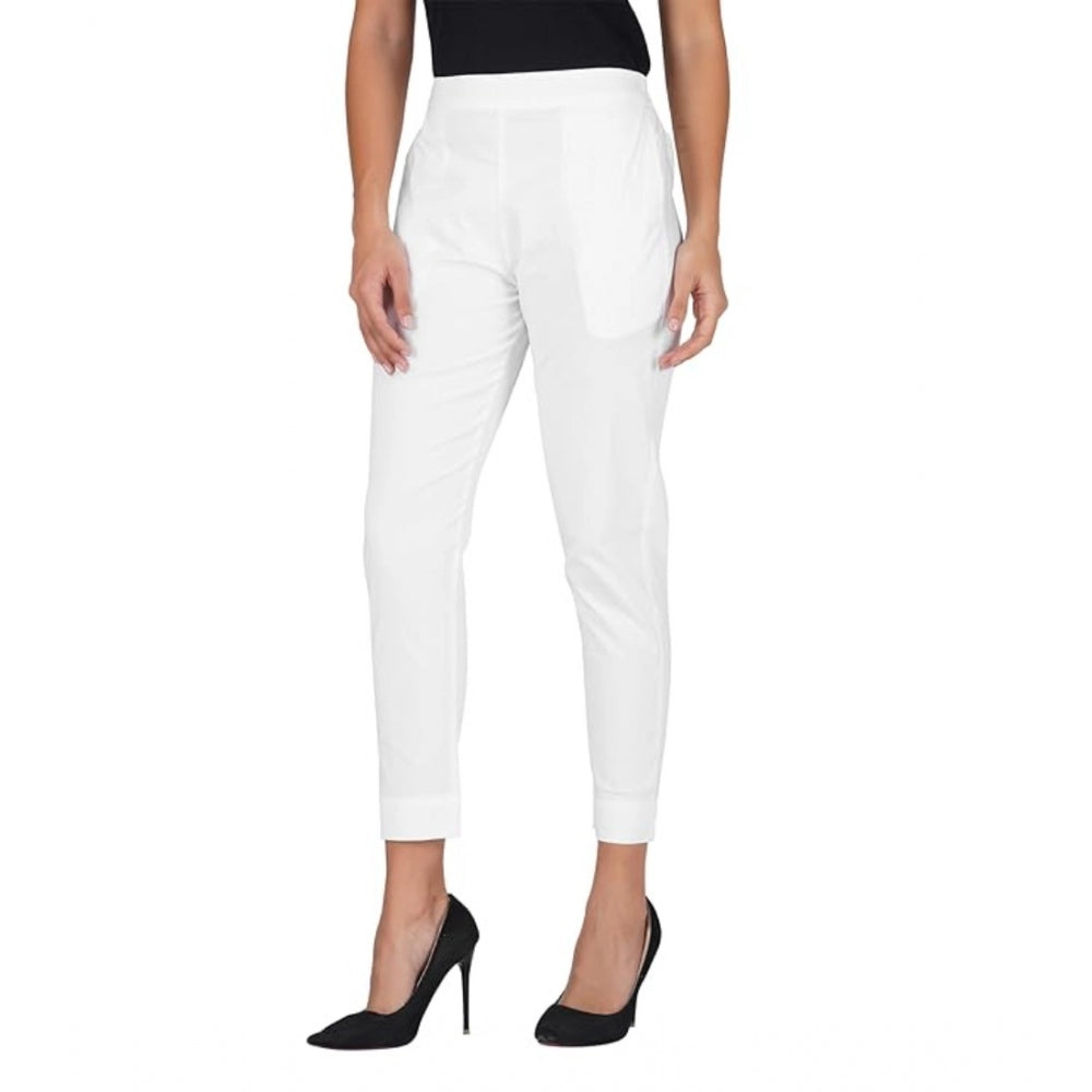 Generic Women's Casual Cotton Lycra Solid Trouser Pants (White)