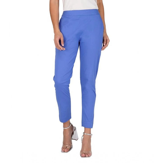 Generic Women's Casual Cotton Lycra Solid Trouser Pants (Blue)