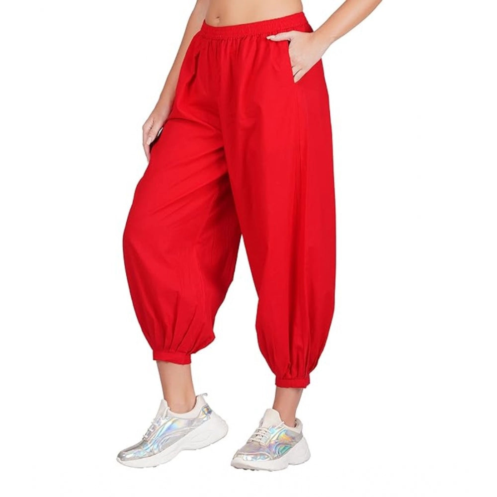 Generic Women's Casual Cotton Cambric Solid Elastic Waist Patiala Harem Pants (Red)