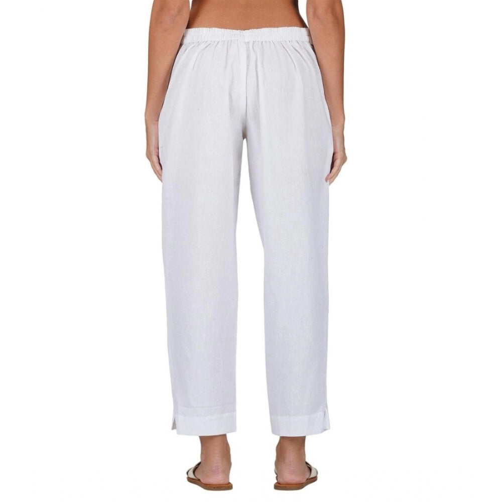 Generic Women's Casual Cotton Flax Solid Adjustable Waist Trouser Pants (White)