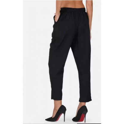 Generic Women's Casual Cotton Flax Solid Adjustable Waist Trouser Pants (Black)