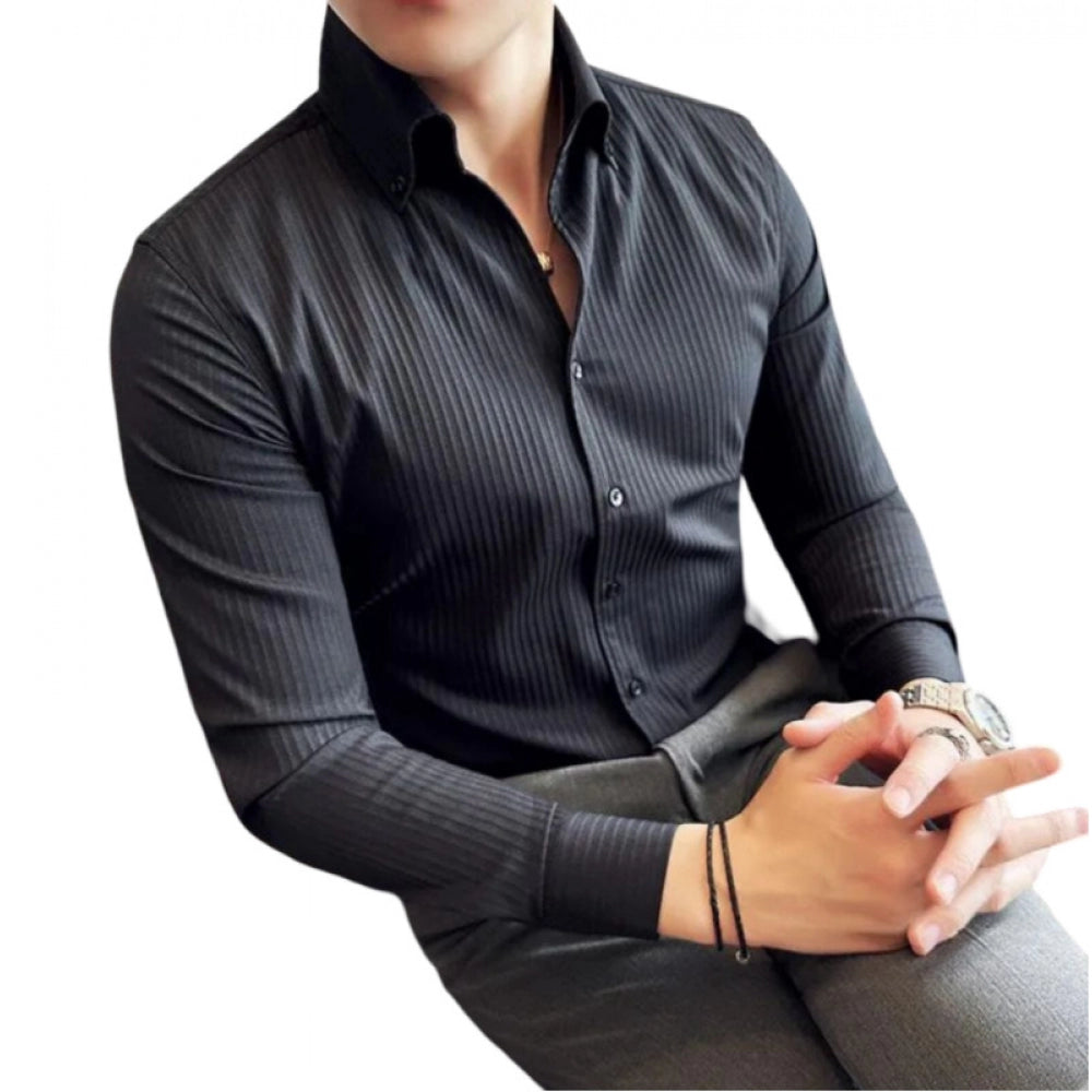 Generic Men's Casual Full Sleeve Striped Cotton Blended Shirt (Black)