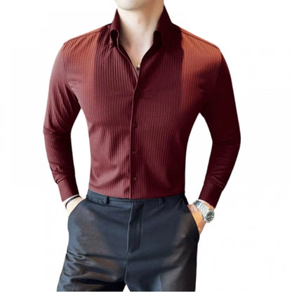 Generic Men's Casual Full Sleeve Striped Cotton Blended Shirt (Maroon)