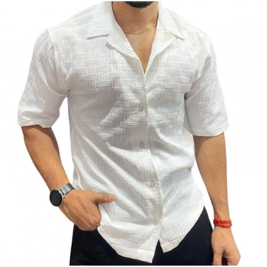 Generic Men's Casual Full Sleeve Strip Line Cotton Blended Shirt (White)