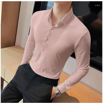 Generic Men's Casual Full Sleeve Striped Cotton Blended Shirt (Pink)