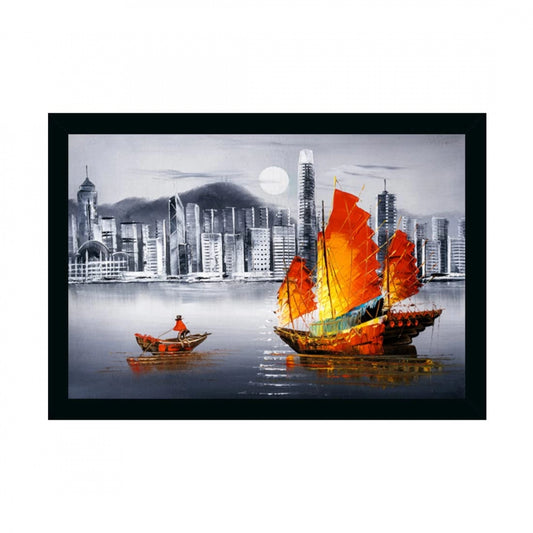 Generic Boat Painting Painting with Synthetic Photo Frame (Multicolor)