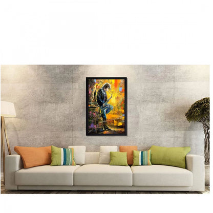 Generic Boy Playing Saxophone Modern Art Painting with Synthetic Photo Frame (Multicolor)