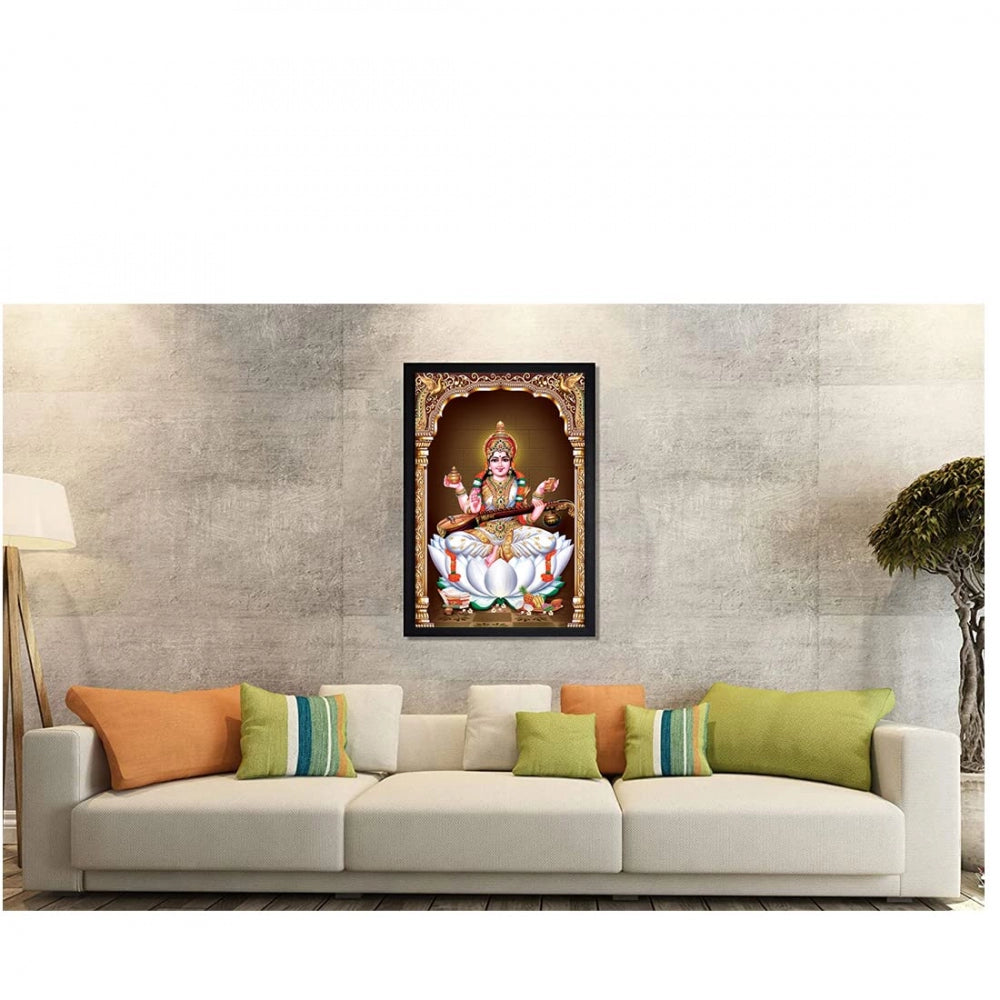 Generic Saraswati Maa Painting with Synthetic Photo Frame (Multicolor)