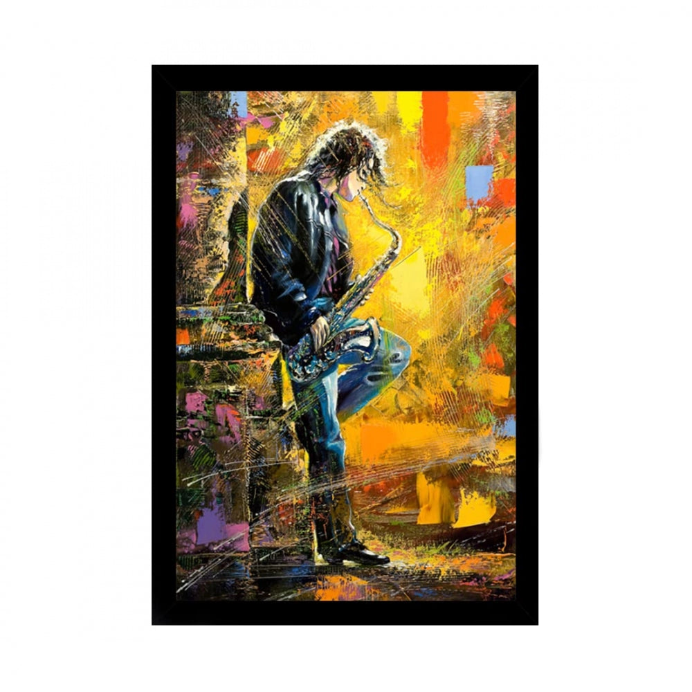 Generic Boy Playing Saxophone Modern Art Painting with Synthetic Photo Frame (Multicolor)