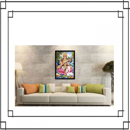 Generic Saraswati Maa Painting with Synthetic Photo Frame (Multicolor)