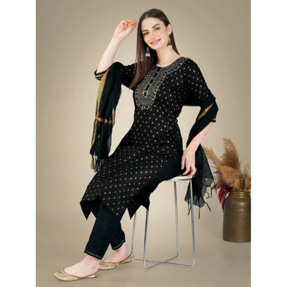 Generic Women's Casual 3-4 th Sleeve Embroidery Cotton Kurti Pant Dupatta Set (Black)