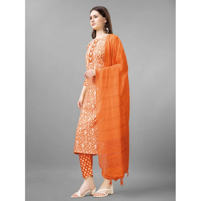 Generic Women's Casual 3-4 th Sleeve Embroidery Rayon Kurti Pant Dupatta Set (Orange)