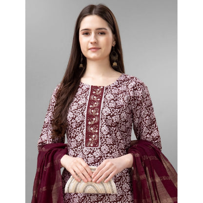 Generic Women's Casual 3-4 th Sleeve Embroidery Rayon Kurti Pant Dupatta Set (Maroon)