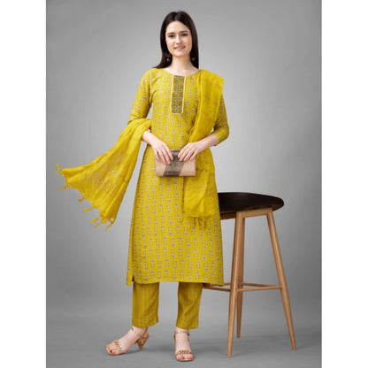 Generic Women's Casual 3-4 th Sleeve Embroidery Rayon Kurti Pant Dupatta Set (Yellow)