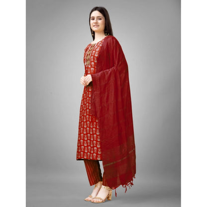 Generic Women's Casual 3-4 th Sleeve Embroidery Rayon Kurti Pant Dupatta Set (Maroon)