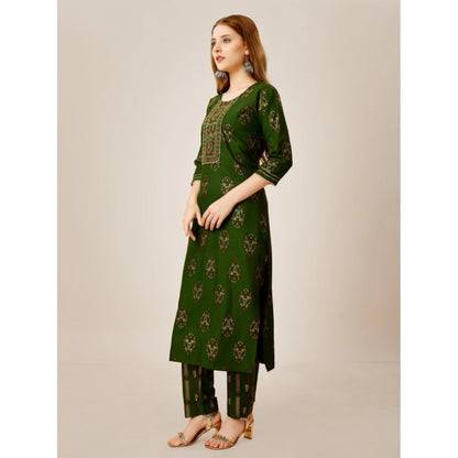 Generic Women's Casual 3-4 th Sleeve Embroidery Rayon Kurti Pant Set (Green)