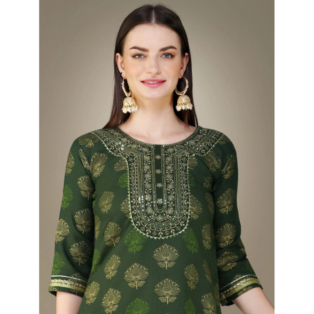 Generic Women's Casual 3-4 th Sleeve Embroidery Cotton Kurti Pant Dupatta Set (Dark Green)