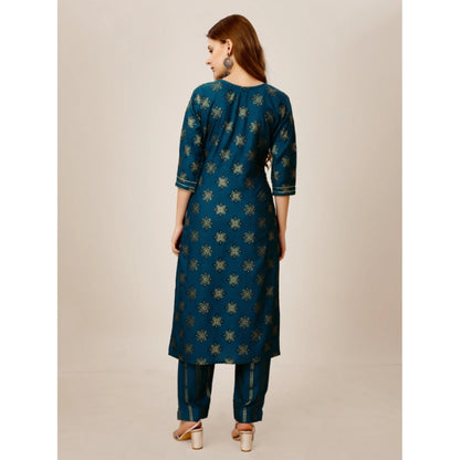 Generic Women's Casual 3-4 th Sleeve Embroidery Rayon Kurti Pant Set (Blue)