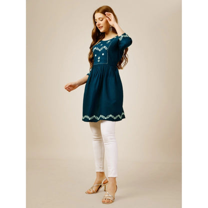 Generic Women's Casual 3-4 th Sleeve Embroidered Rayon Tunic Top (Blue)