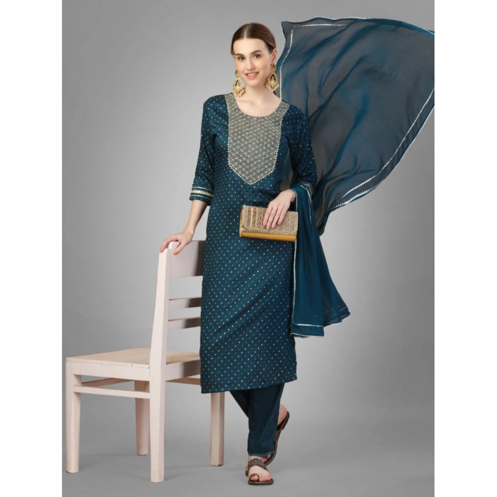 Generic Women's Casual 3-4 th Sleeve Embroidery Silk Blend Kurti Pant Dupatta Set (Blue)