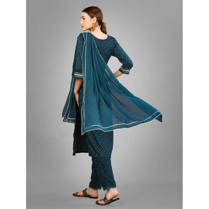 Generic Women's Casual 3-4 th Sleeve Embroidery Silk Blend Kurti Pant Dupatta Set (Blue)