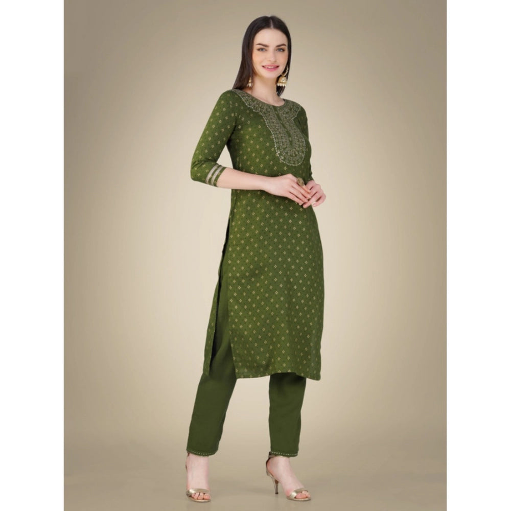 Generic Women's Casual 3-4 th Sleeve Embroidery Cotton Kurti Pant Dupatta Set (Green)