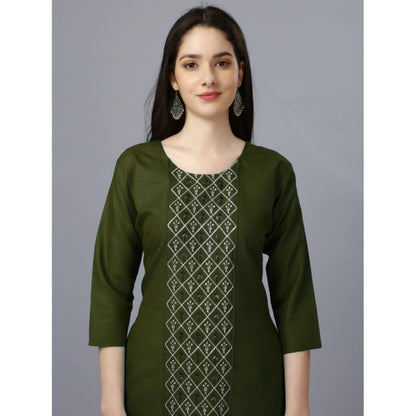 Generic Women's Casual 3-4 th Sleeve Embroidery Cotton Kurti (Dark Green)