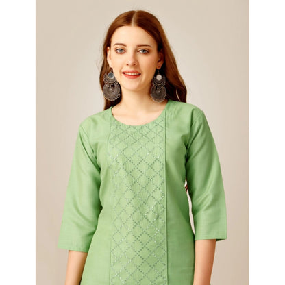 Generic Women's Casual 3-4 th Sleeve Embroidery Cotton Kurti Pant Set (Pista Green)