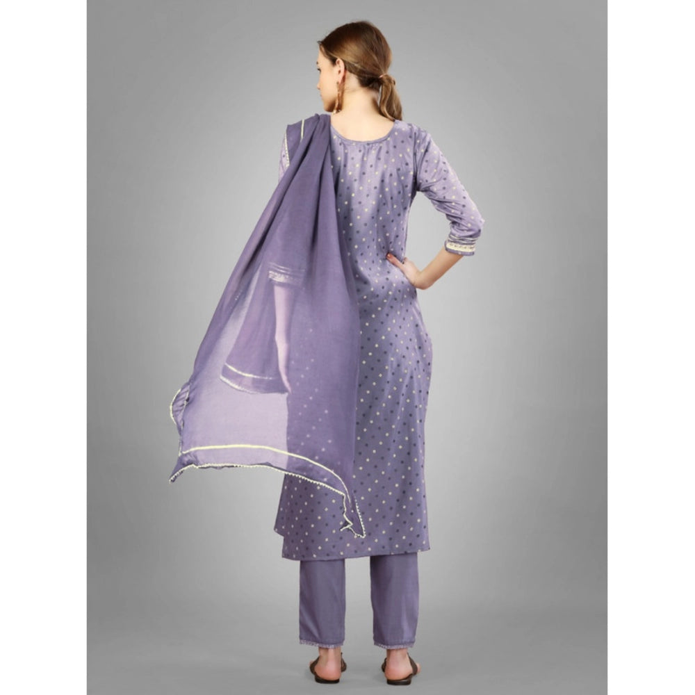 Generic Women's Casual 3-4 th Sleeve Embroidery Silk Blend Kurti Pant Dupatta Set (Lavender)