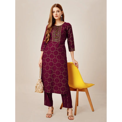 Generic Women's Casual 3-4 th Sleeve Embroidery Rayon Kurti Pant Set (Purple)