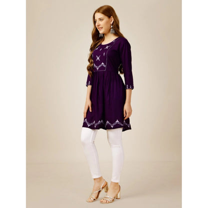 Generic Women's Casual 3-4 th Sleeve Embroidered Rayon Tunic Top (Purple)