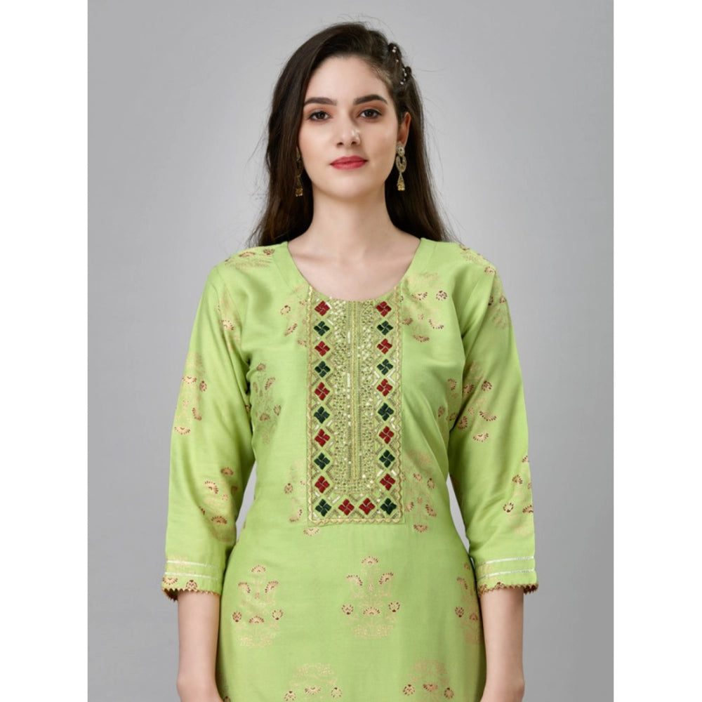 Generic Women's Casual 3-4 th Sleeve Embroidery Rayon Kurti Pant Set (Light Green)