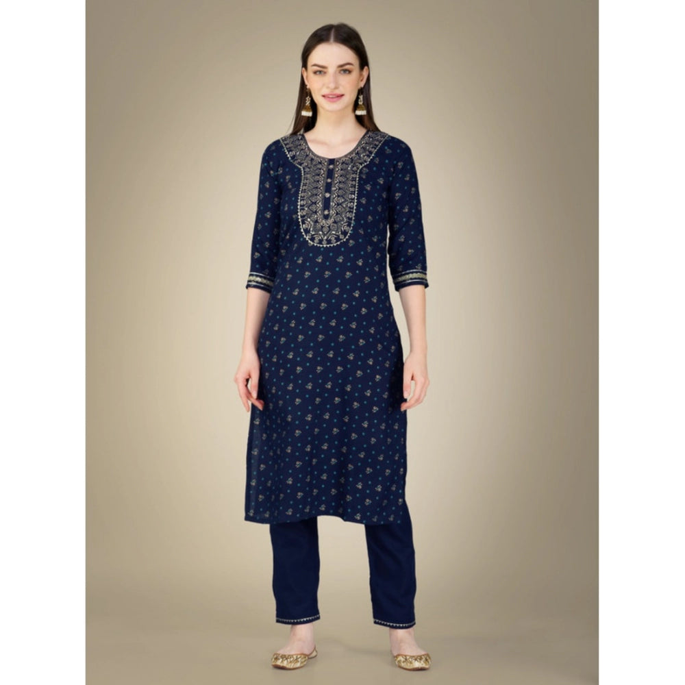 Generic Women's Casual 3-4 th Sleeve Embroidery Cotton Kurti Pant Dupatta Set (Dark Blue)