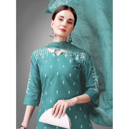 Generic Women's Casual 3-4 th Sleeve Embroidery Cotton Kurti Pant Dupatta Set (Teal)