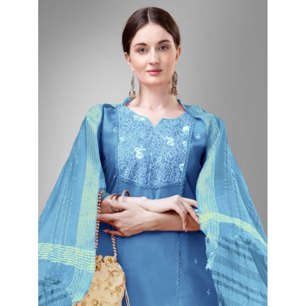 Generic Women's Casual 3-4 th Sleeve Embroidery Cotton Kurti Pant Dupatta Set (Sky Blue)