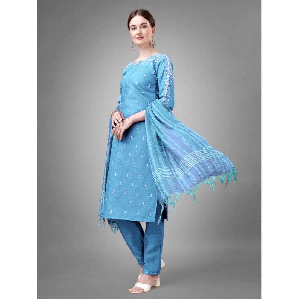 Generic Women's Casual 3-4 th Sleeve Embroidery Cotton Kurti Pant Dupatta Set (Sky Blue)