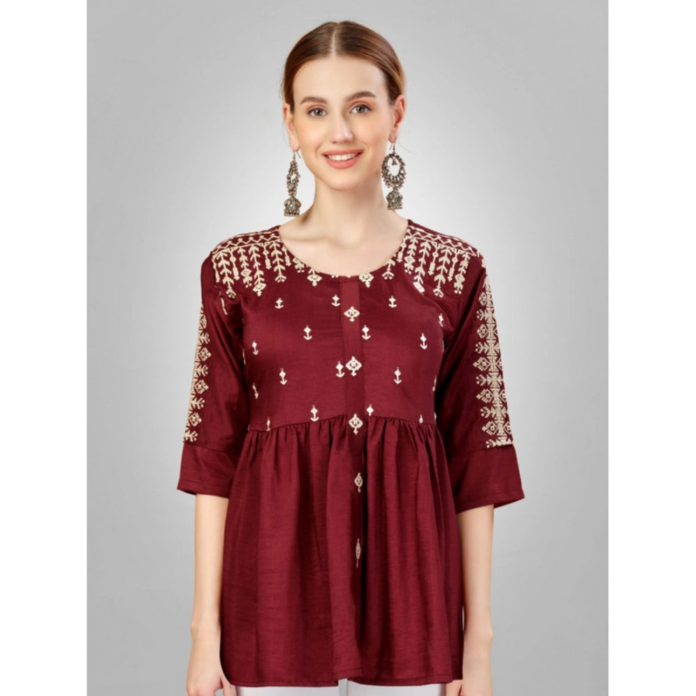 Generic Women's Casual 3-4 th Sleeve Embroidered Silk Tunic Top (Rust)