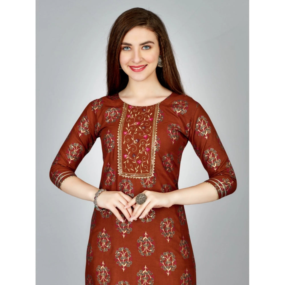 Generic Women's Casual 3-4 th Sleeve Embroidery Rayon Kurti Pant Set (Brown)