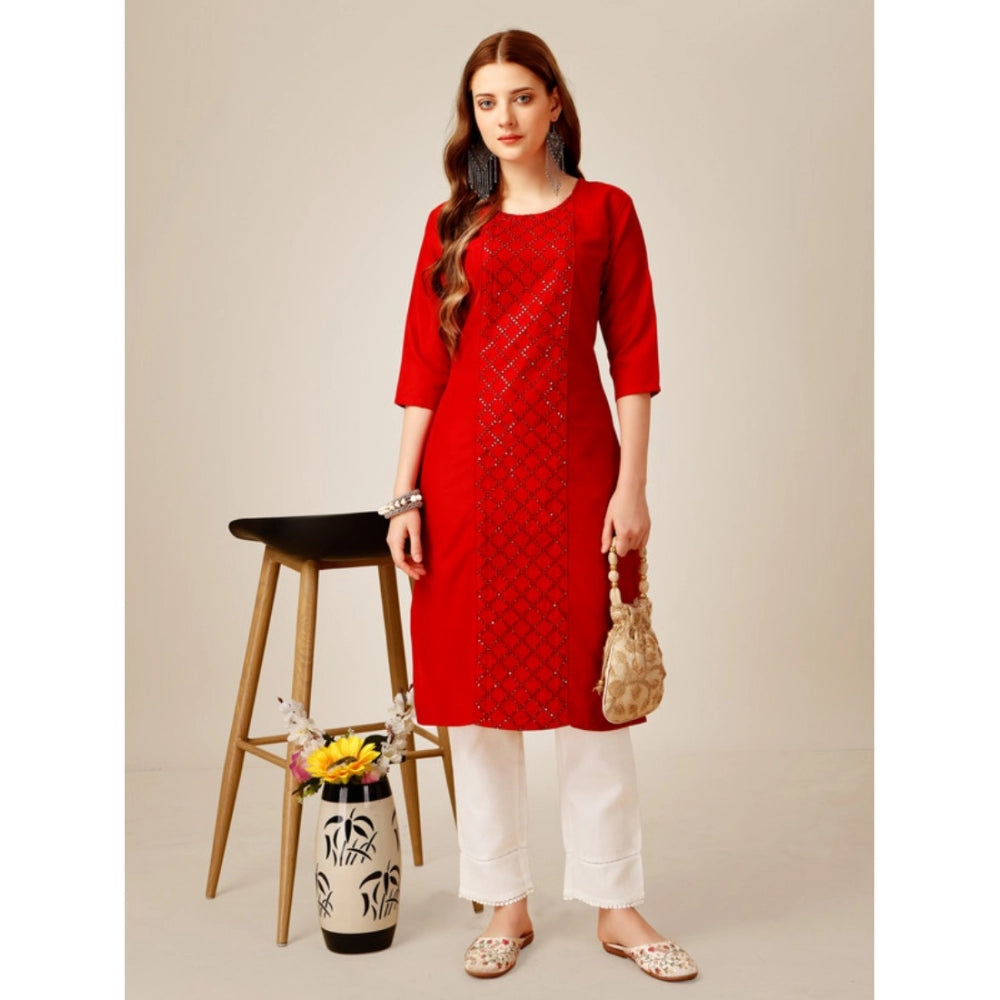 Generic Women's Casual 3-4 th Sleeve Embroidery Cotton Kurti Pant Set (Red)