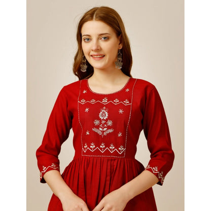 Generic Women's Casual 3-4 th Sleeve Embroidered Rayon Tunic Top (Red)