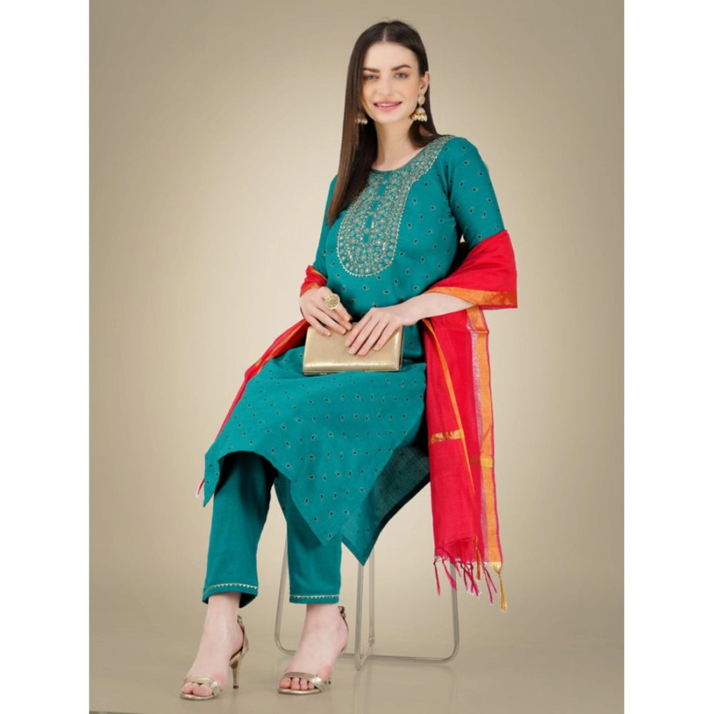 Generic Women's Casual 3-4 th Sleeve Embroidery Cotton Kurti Pant Dupatta Set (Light Green)