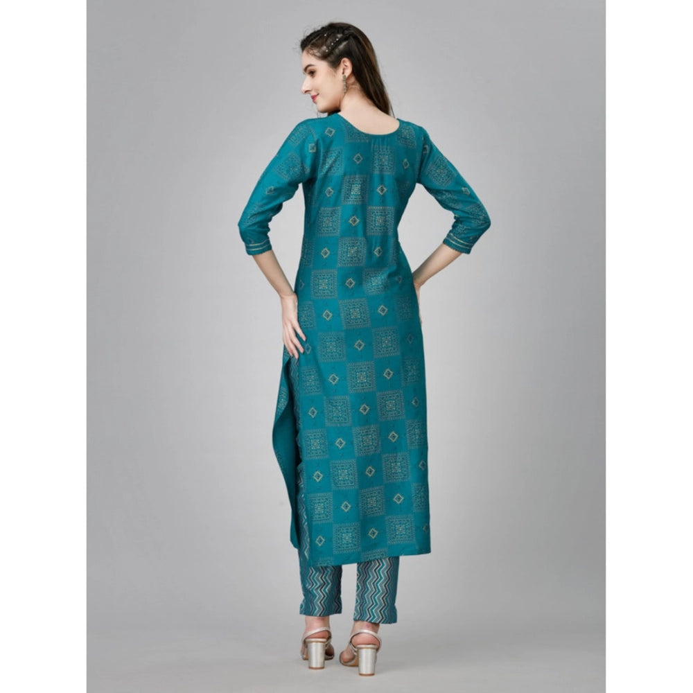 Generic Women's Casual 3-4 th Sleeve Embroidery Rayon Kurti Pant Set (Green)