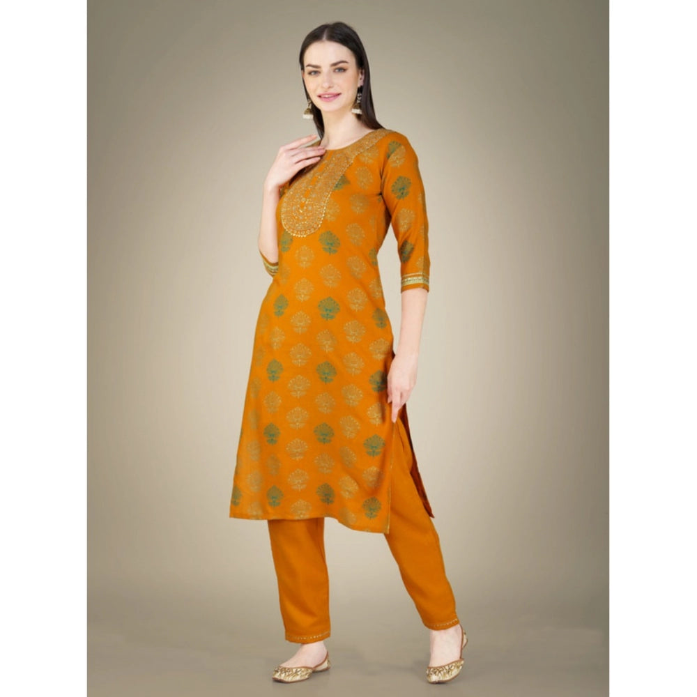 Generic Women's Casual 3-4 th Sleeve Embroidery Cotton Kurti Pant Dupatta Set (Yellow)